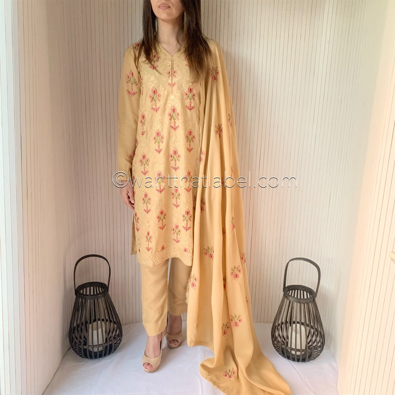 Bareeze Beige Heavily Embroidered Shawl Suit
