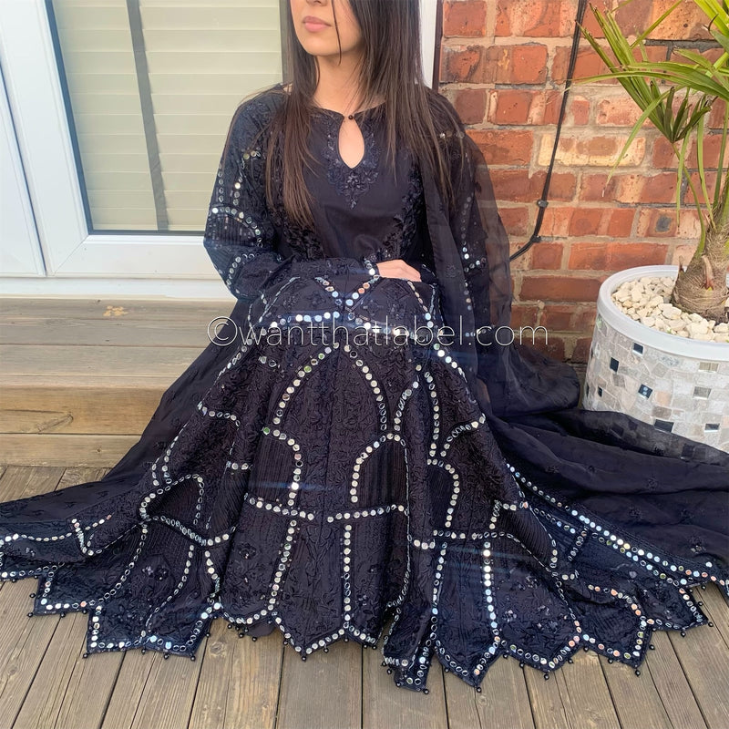 Karma Original Black Heavy Mirror Embroidered Maxi Dress Suit