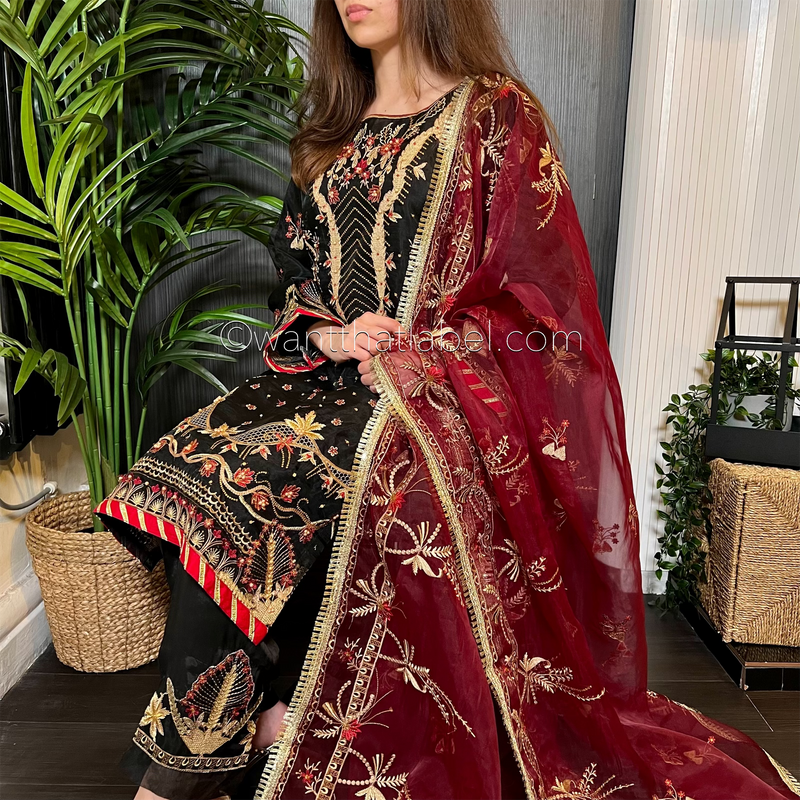 Areej Original Black Burgundy Heavily Embroidered Suit