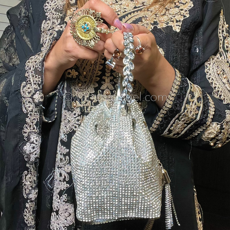 Silver Diamante Chain Strap Potli Pounch Bag