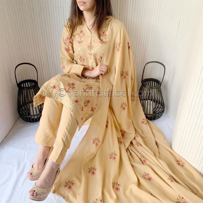 Bareeze Beige Heavily Embroidered Shawl Suit