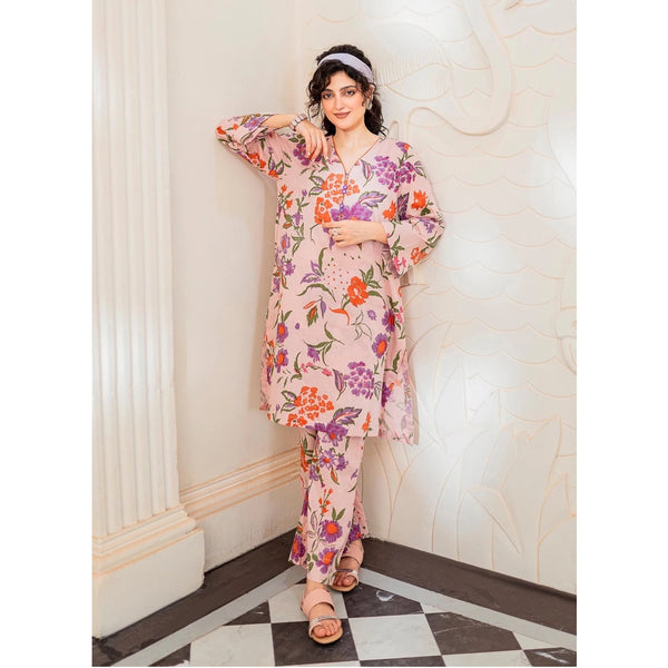 Garnet Pink Floral Cotton Lawn 2 Piece Co-Ord Set