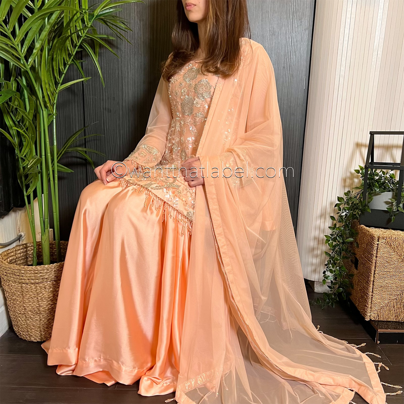 Peach Heavily Beaded Peplum Garara Suit