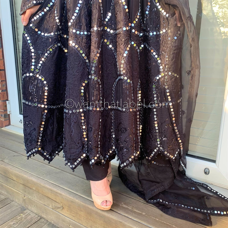 Karma Original Black Heavy Mirror Embroidered Maxi Dress Suit