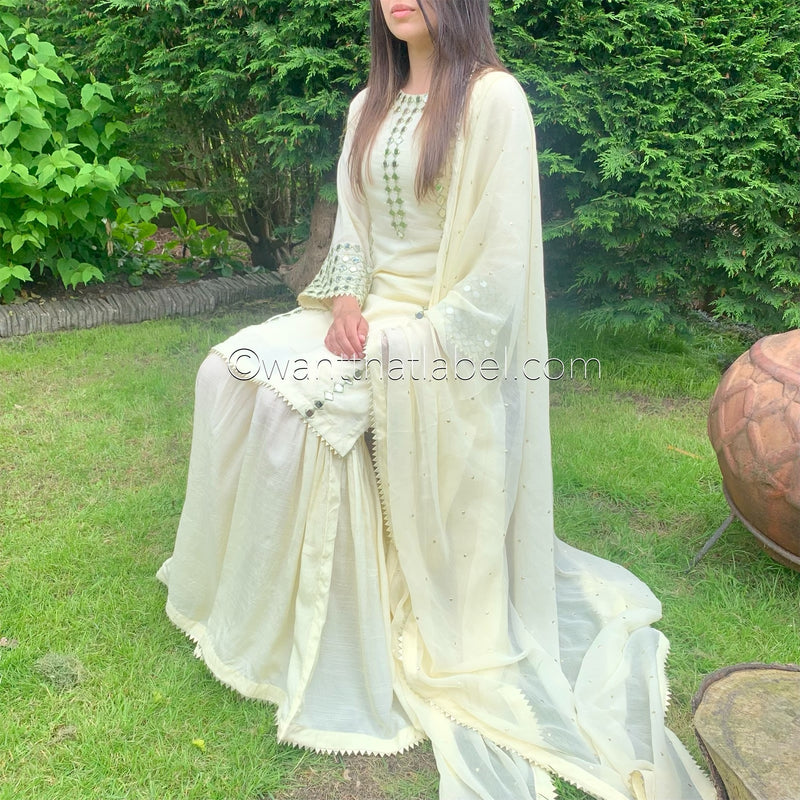 Sheesh Mahal Ivory Heavily Mirror Embroidered Garara Suit