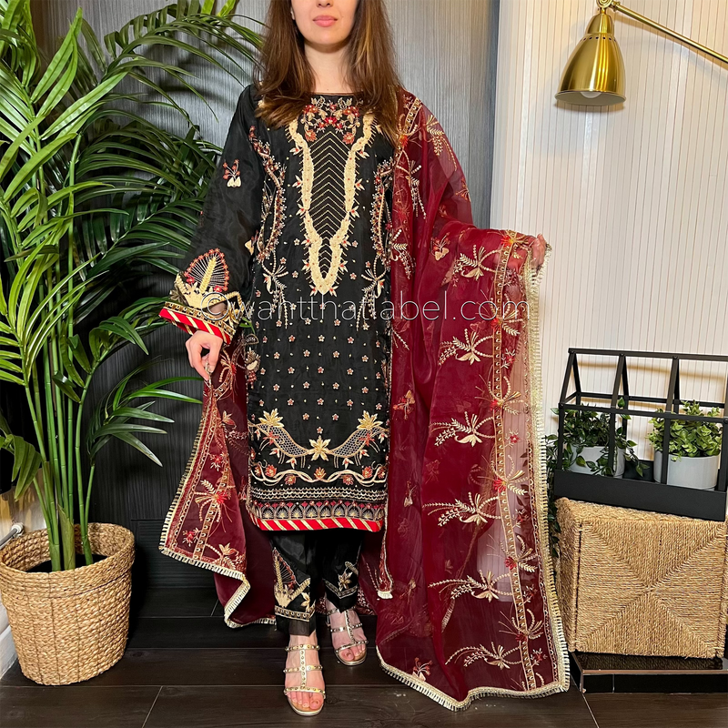 Areej Original Black Burgundy Heavily Embroidered Suit