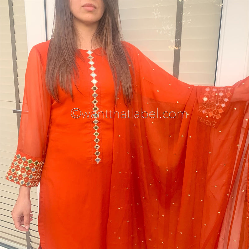 Sheesh Mahal Burnt Orange Mirror Embroidered Suit