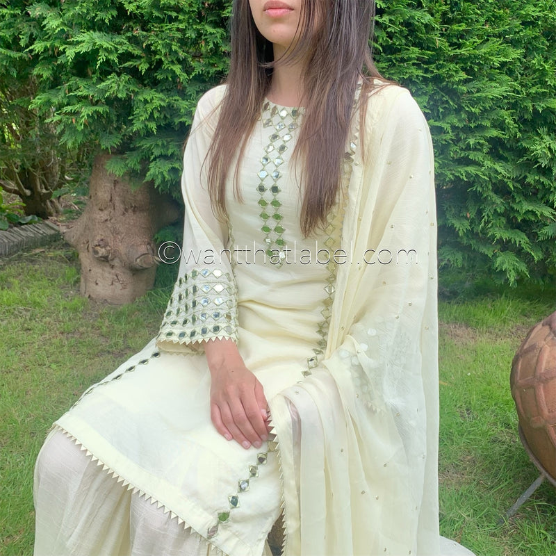 Sheesh Mahal Ivory Heavily Mirror Embroidered Garara Suit