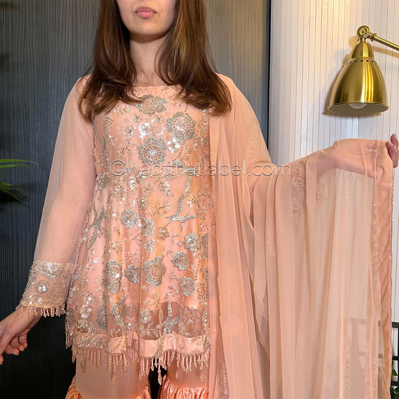 Peach Heavily Beaded Peplum Garara Suit