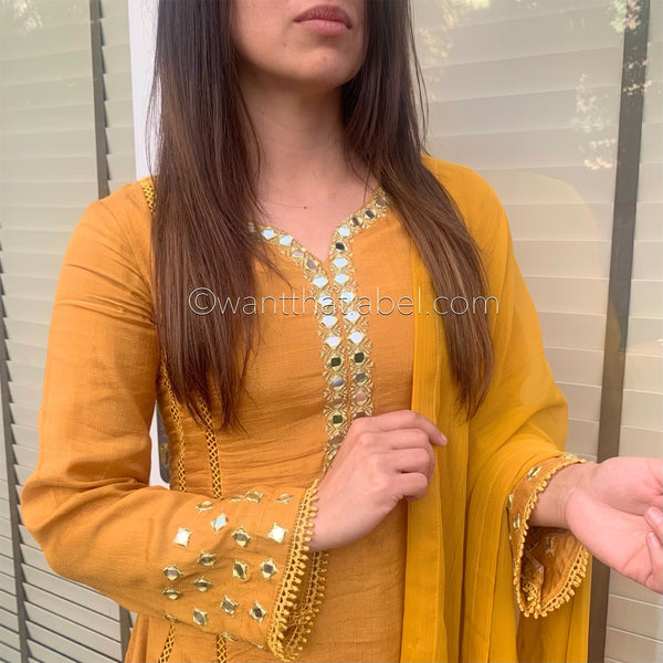Sheesh Mahal Mustard Mirror Embroidered A-line Suit