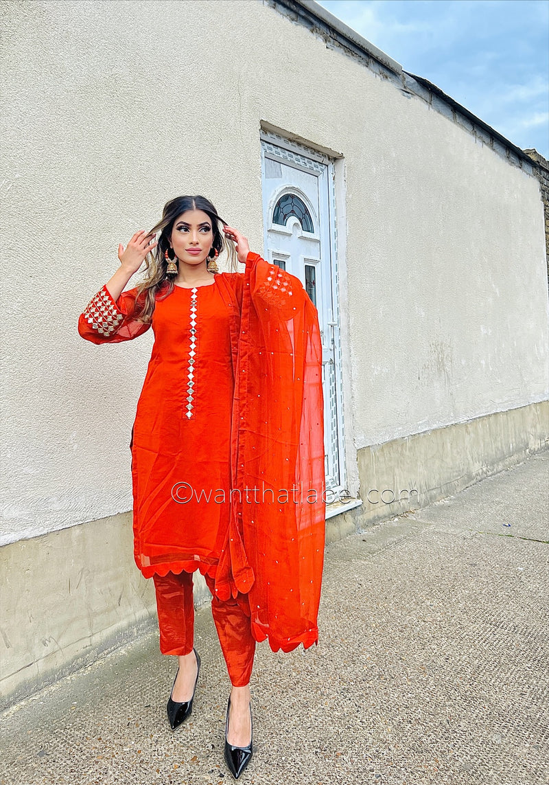 Sheesh Mahal Burnt Orange Mirror Embroidered Suit
