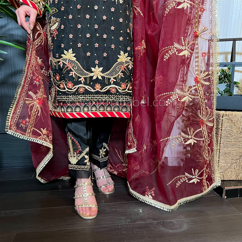 Areej Original Black Burgundy Heavily Embroidered Suit