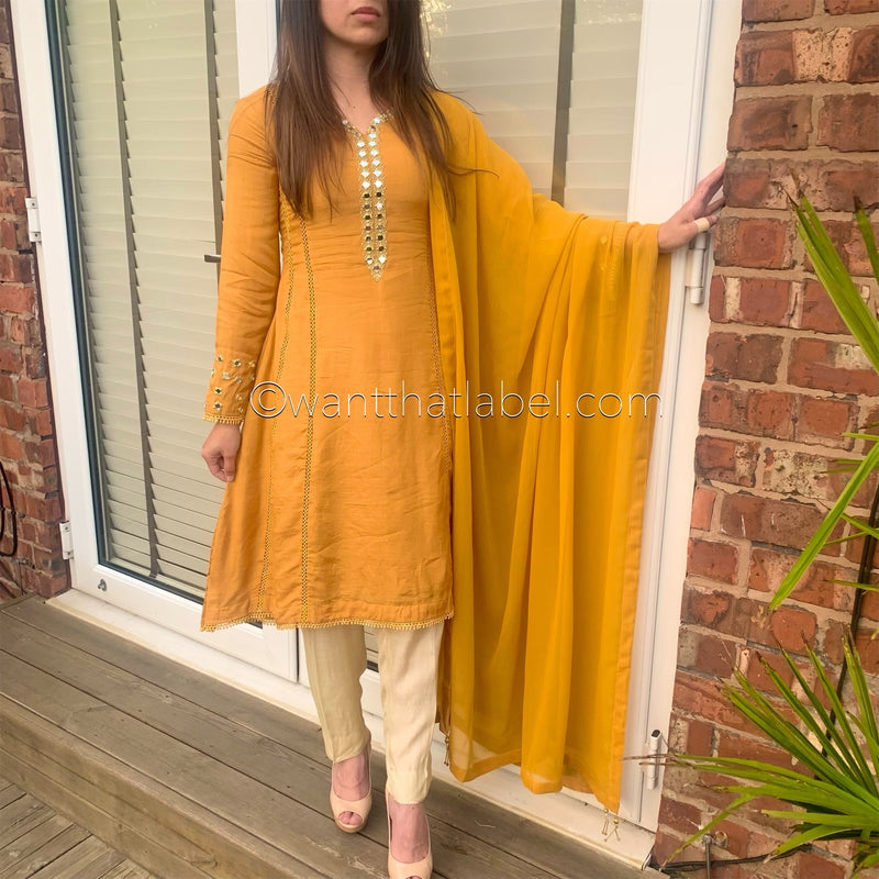 Sheesh Mahal Mustard Mirror Embroidered A-line Suit