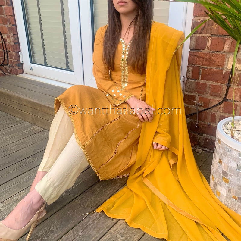 Sheesh Mahal Mustard Mirror Embroidered A-line Suit