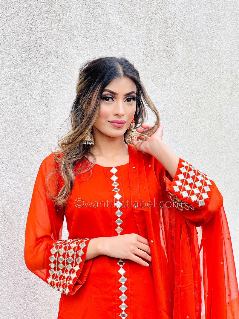 Sheesh Mahal Burnt Orange Mirror Embroidered Suit