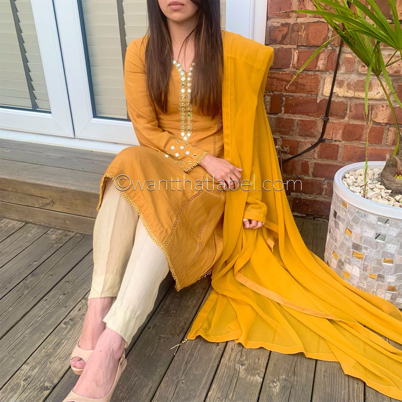 Sheesh Mahal Mustard Mirror Embroidered A-line Suit