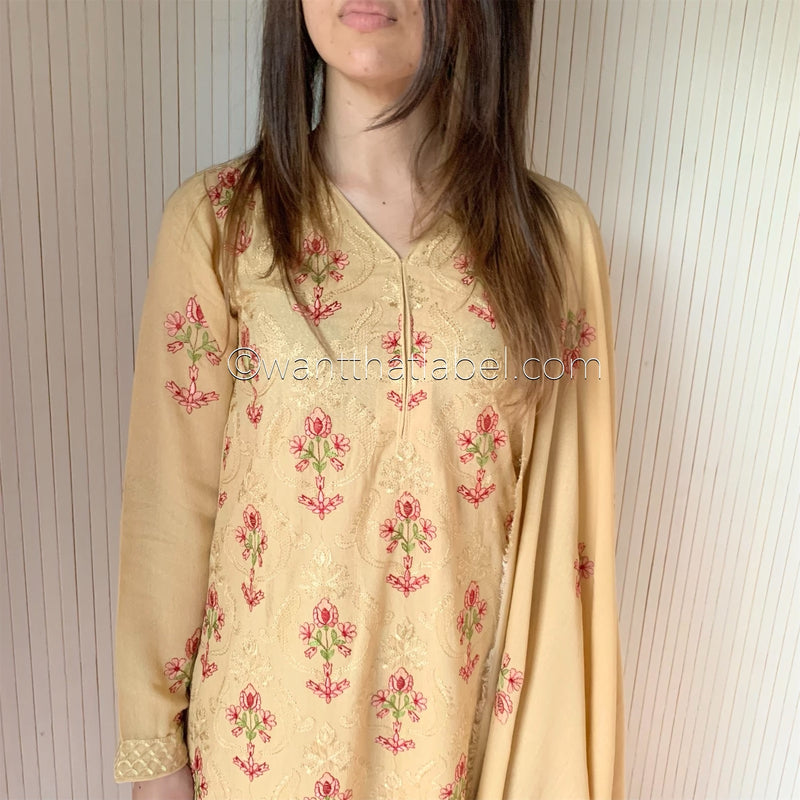 Bareeze Beige Heavily Embroidered Shawl Suit