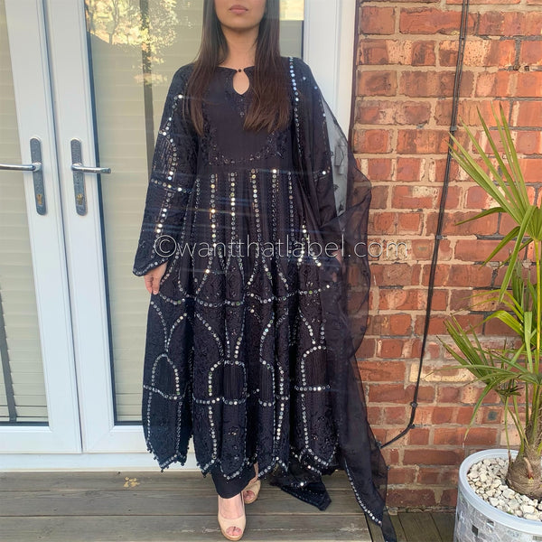Karma Original Black Heavy Mirror Embroidered Maxi Dress Suit