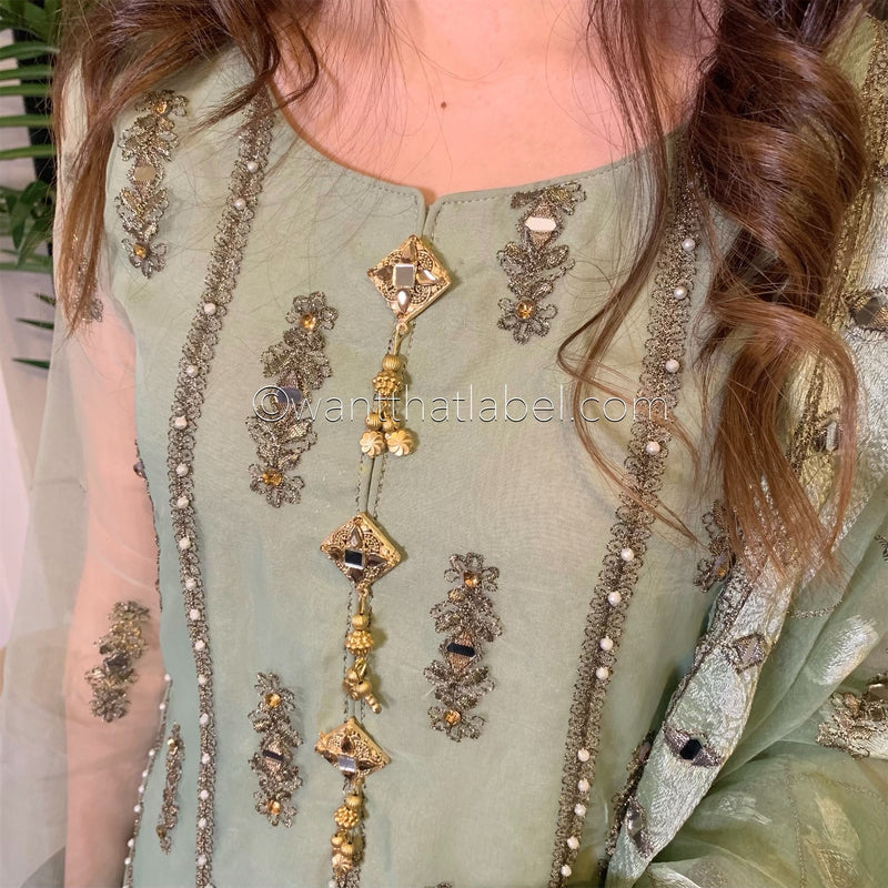 Green Heavily Mirror Embroidered Organza Suit
