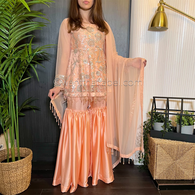 Peach Heavily Beaded Peplum Garara Suit