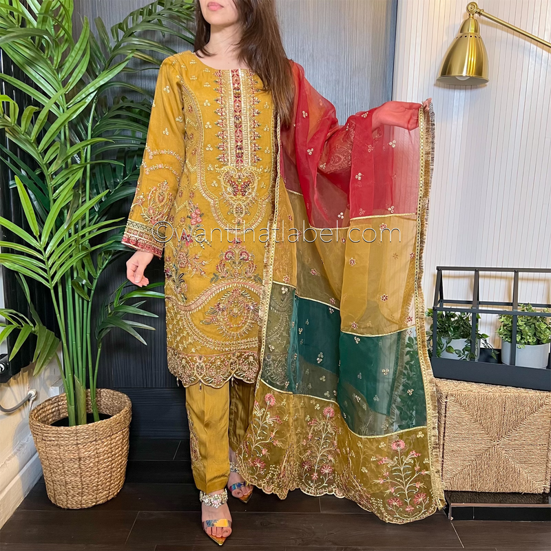 Mustard Heavily Embroidered Organza Suit