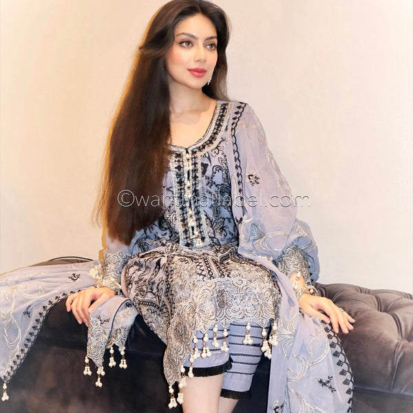 Maryams Inspired Ice Grey Heavily Embroidered Chiffon Suit