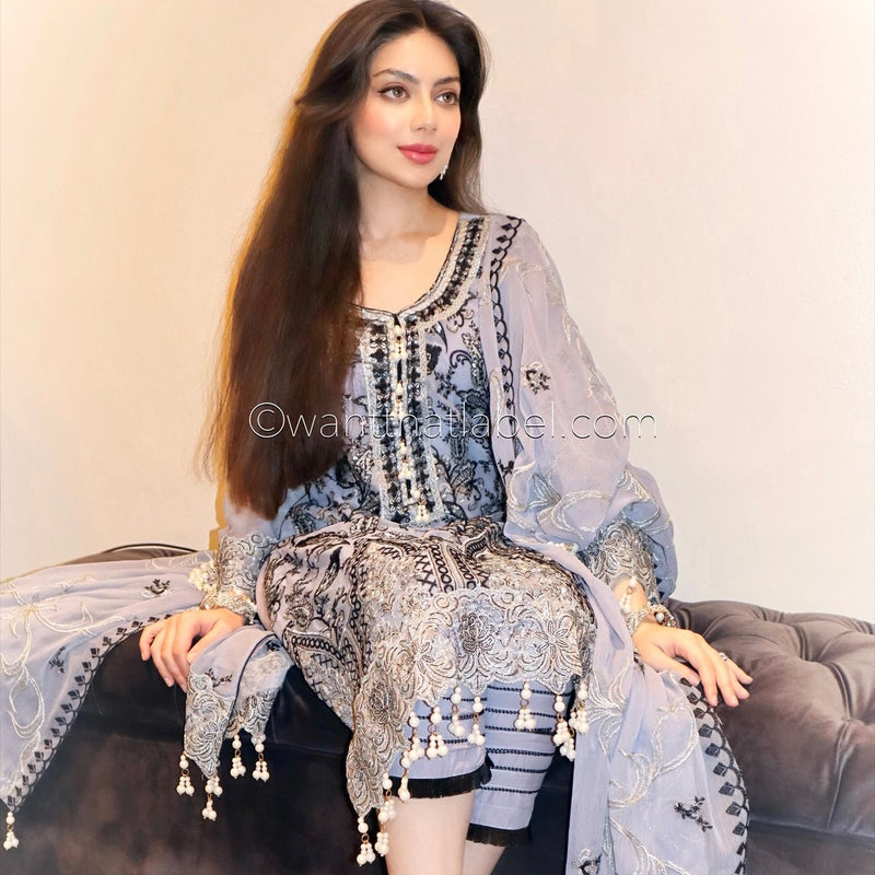 Maryams Inspired Ice Grey Heavily Embroidered Chiffon Suit