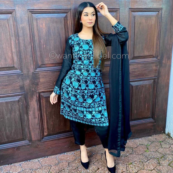 Areeba Saleem Original Black Blue Embroidered Suit