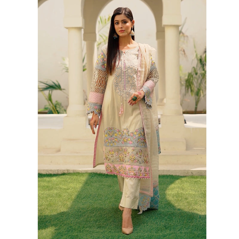 Karma Original Beige Blue Chikankari Embroidered Suit