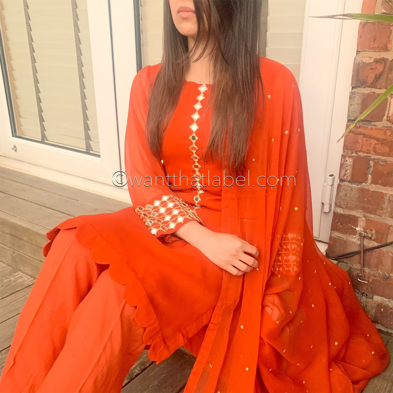 Sheesh Mahal Burnt Orange Mirror Embroidered Suit