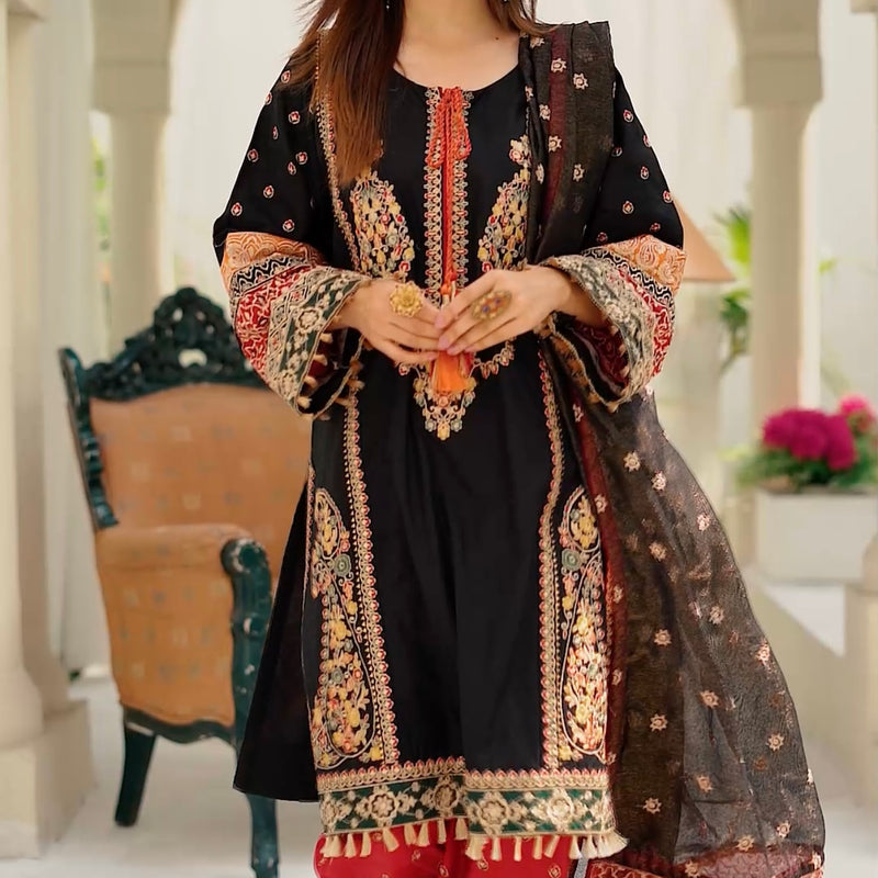 Karma Original Black Red Heavily Embroidered Kameez Suit