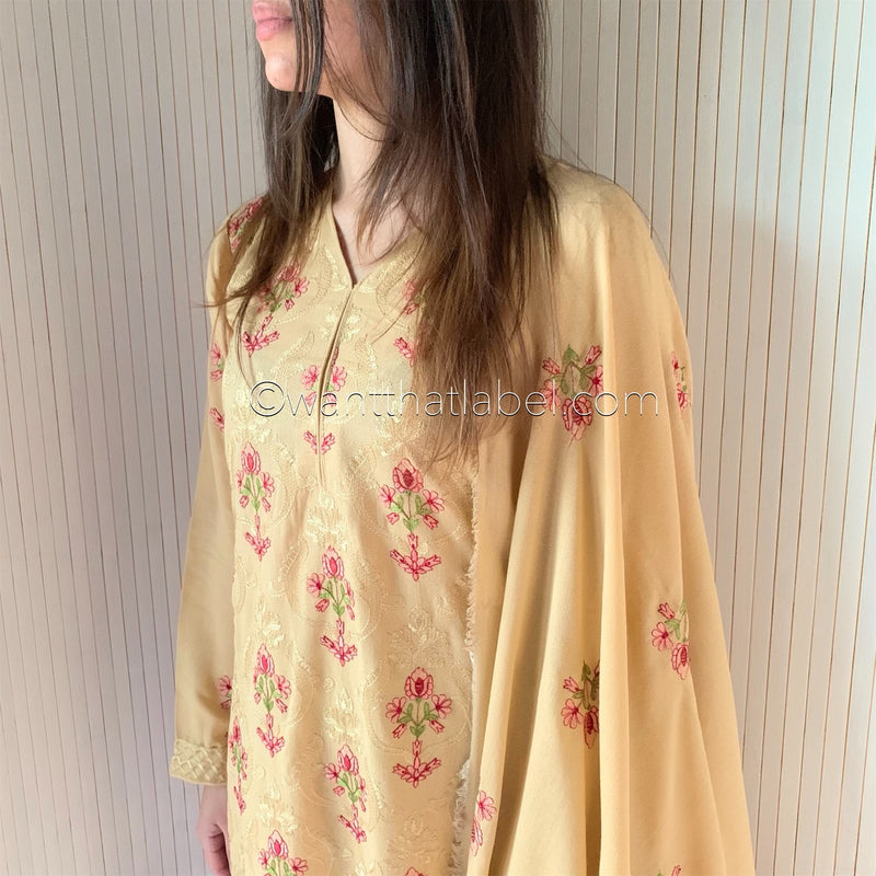 Bareeze Beige Heavily Embroidered Shawl Suit