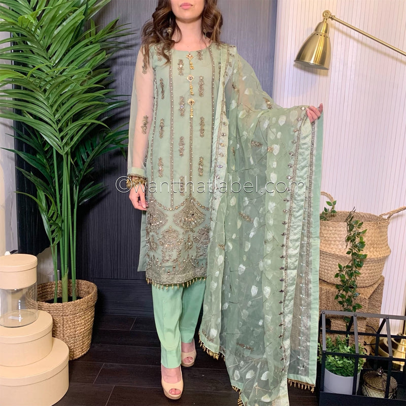 Green Heavily Mirror Embroidered Organza Suit