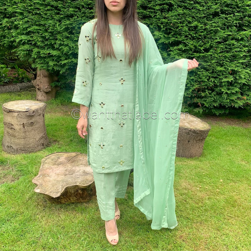 Sheesh Mahal Green Gold Mirror Embroidered Trouser Suit