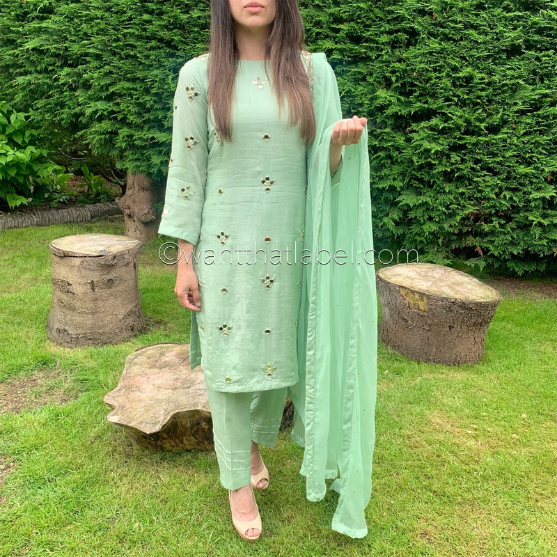 Sheesh Mahal Green Gold Mirror Embroidered Trouser Suit
