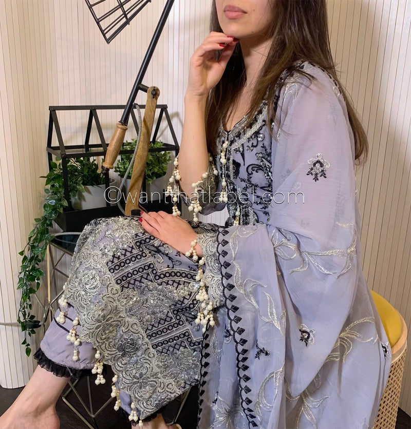Maryams Inspired Ice Grey Heavily Embroidered Chiffon Suit