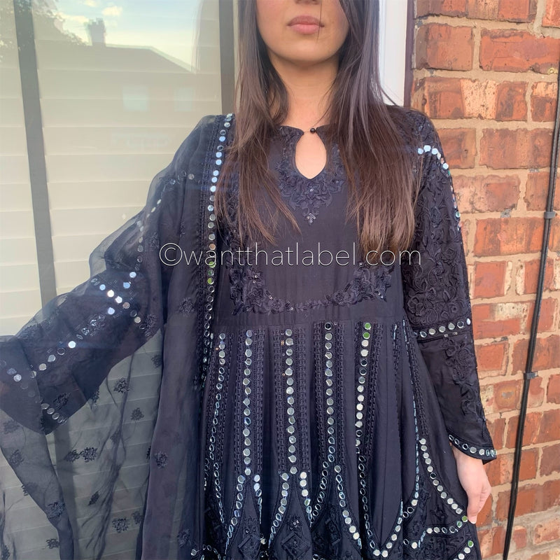 Karma Original Black Heavy Mirror Embroidered Maxi Dress Suit