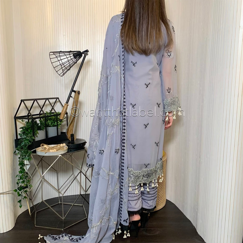 Maryams Inspired Ice Grey Heavily Embroidered Chiffon Suit