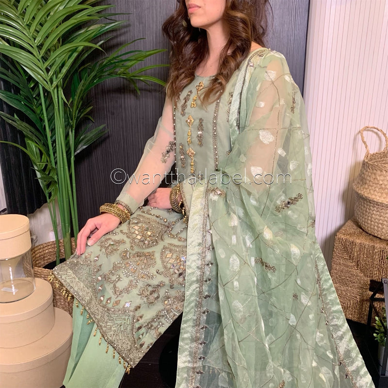 Green Heavily Mirror Embroidered Organza Suit