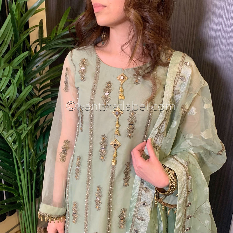 Green Heavily Mirror Embroidered Organza Suit