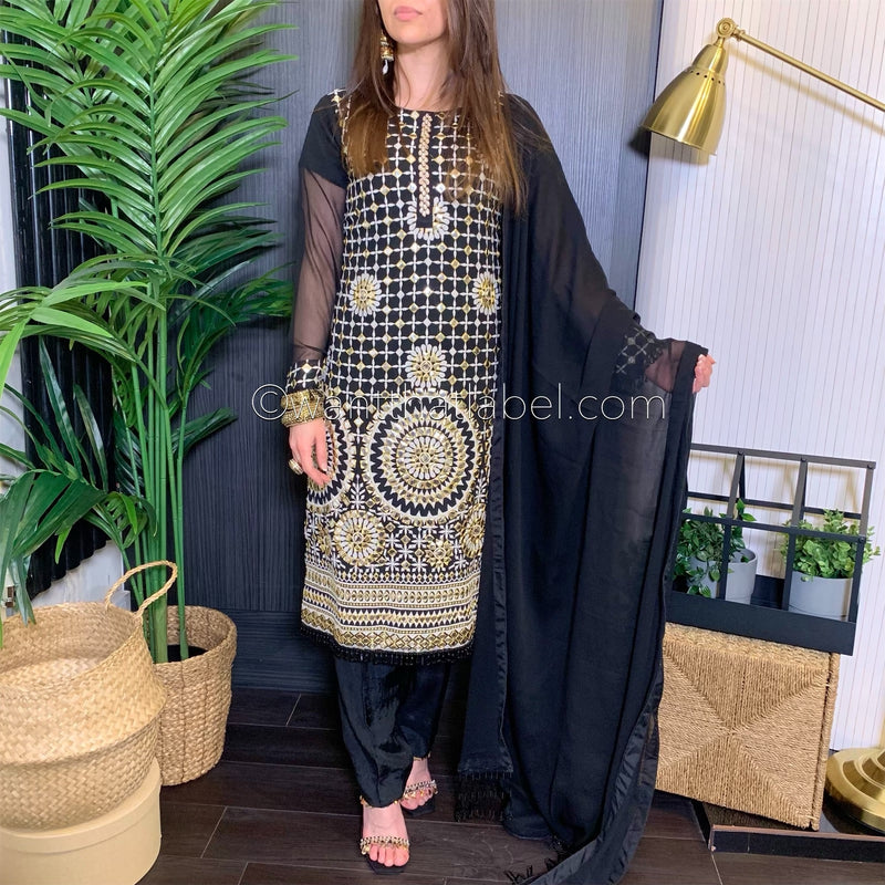 Black Gold Embroidered Chiffon Suit