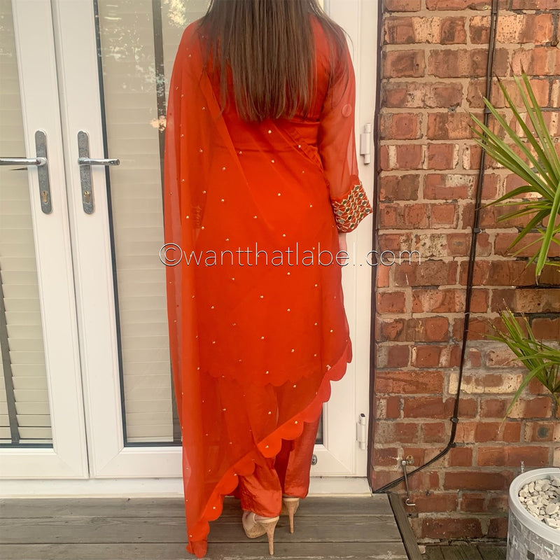 Sheesh Mahal Burnt Orange Mirror Embroidered Suit