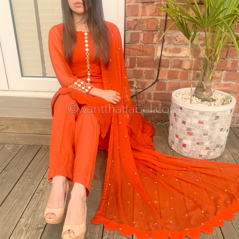 Sheesh Mahal Burnt Orange Mirror Embroidered Suit