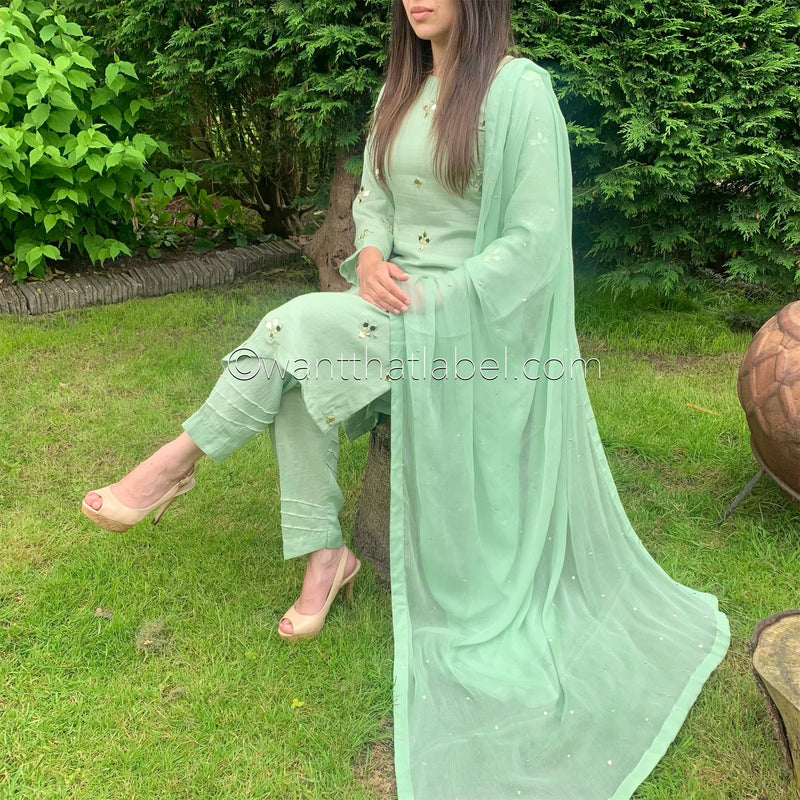Sheesh Mahal Green Gold Mirror Embroidered Trouser Suit