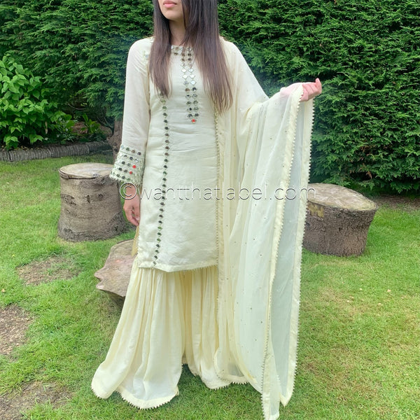 Sheesh Mahal Ivory Heavily Mirror Embroidered Garara Suit