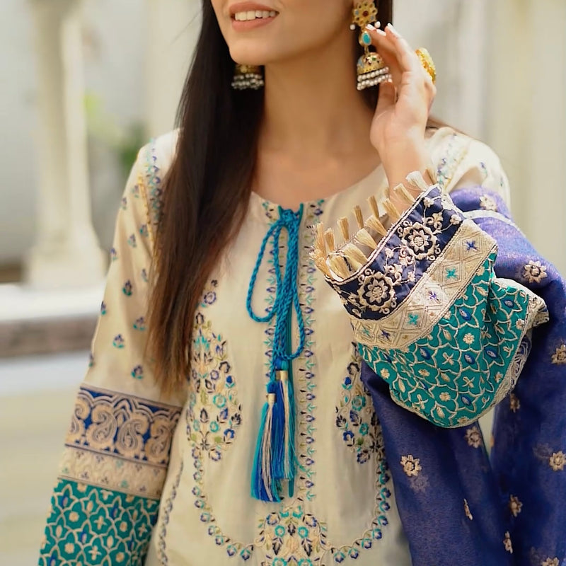 Karma Original Beige Blue Heavily Embroidered Kameez Suit