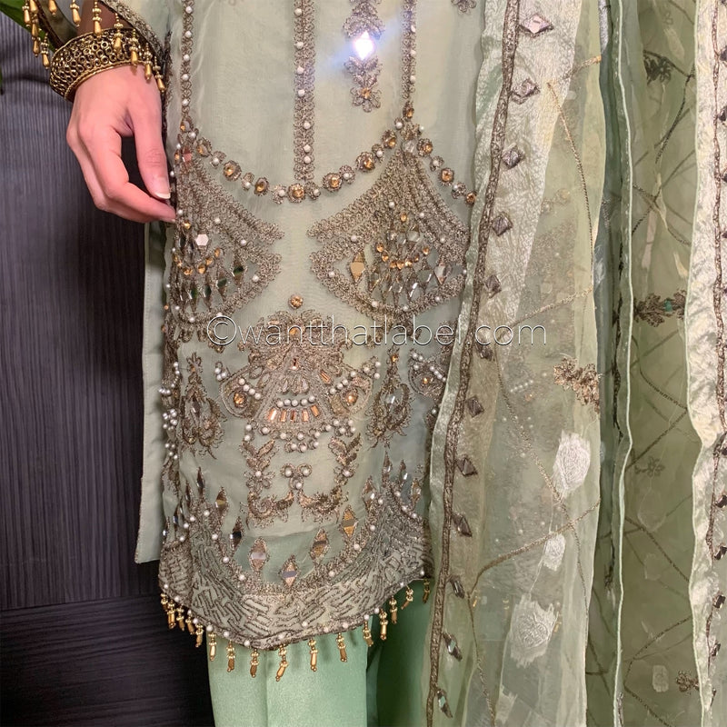 Green Heavily Mirror Embroidered Organza Suit