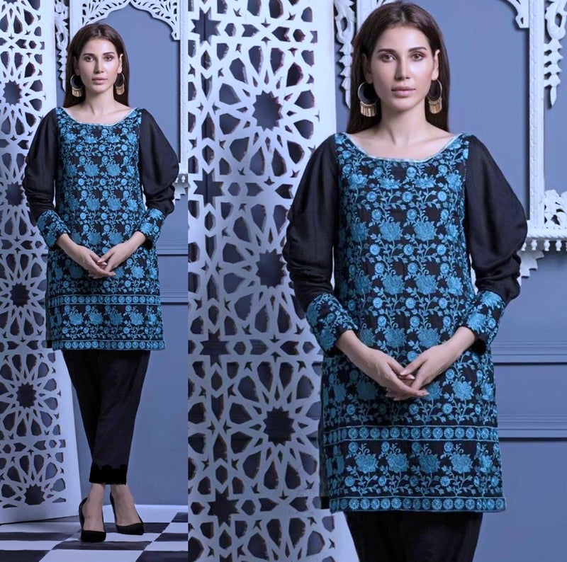 Areeba Saleem Original Black Blue Embroidered Suit