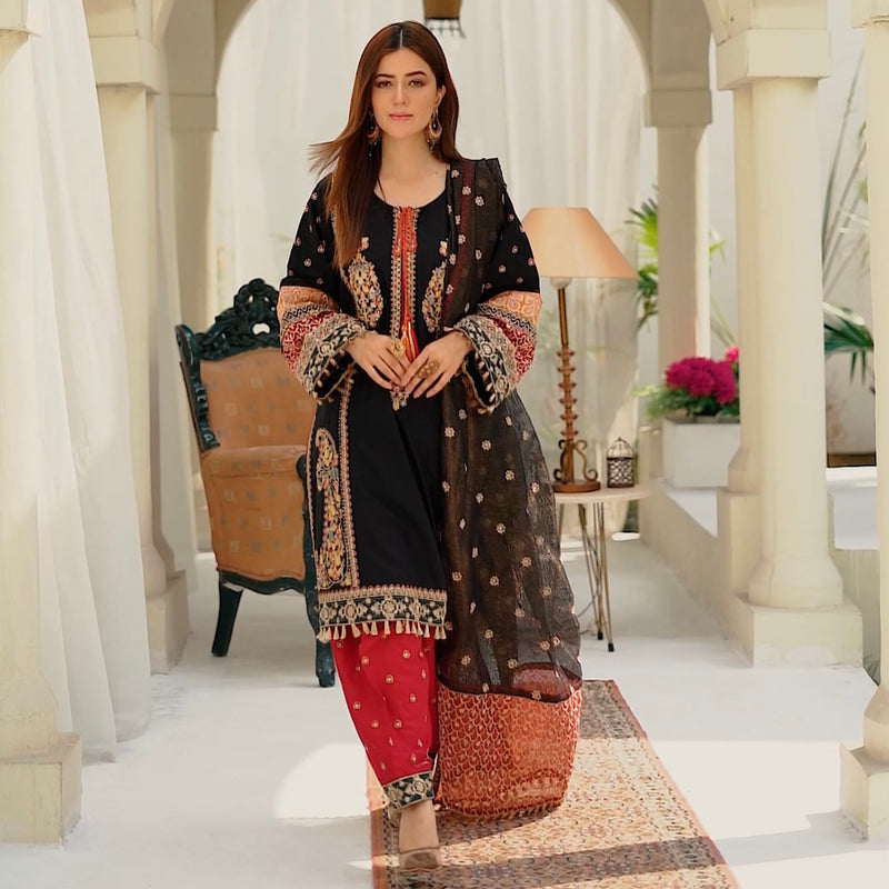 Karma Original Black Red Heavily Embroidered Kameez Suit